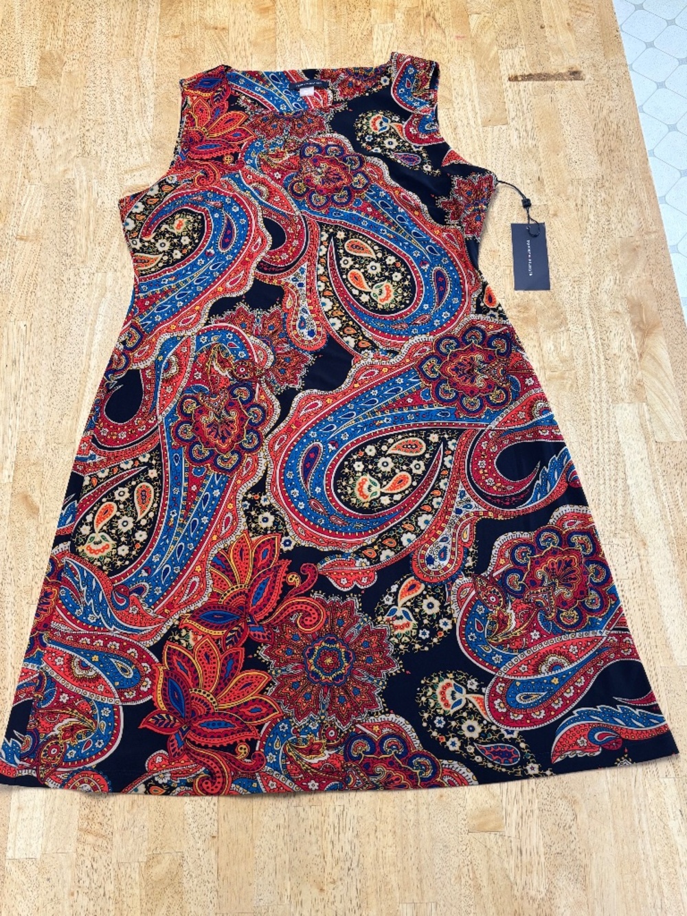 NWT Tommy Hilfiger Sleeveless Paisley A-Line Dress in Navy, Red & Blue